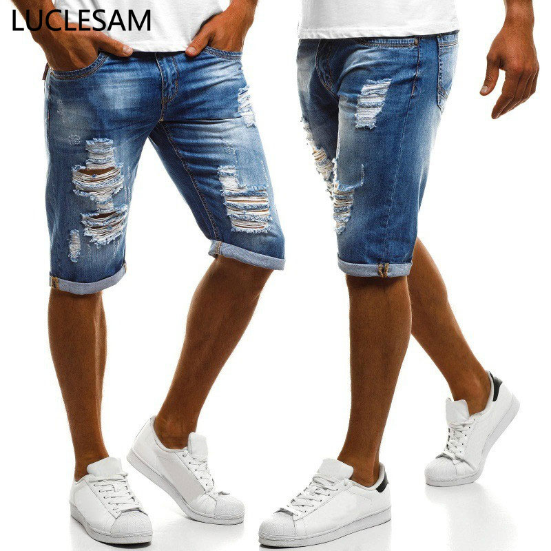 

Straight Destroyed Hole Denim Shorts Men New Fashion Distressed Shorts Casual Slim Fit Vintage Ripped Jeans Short Light Blue 3XL