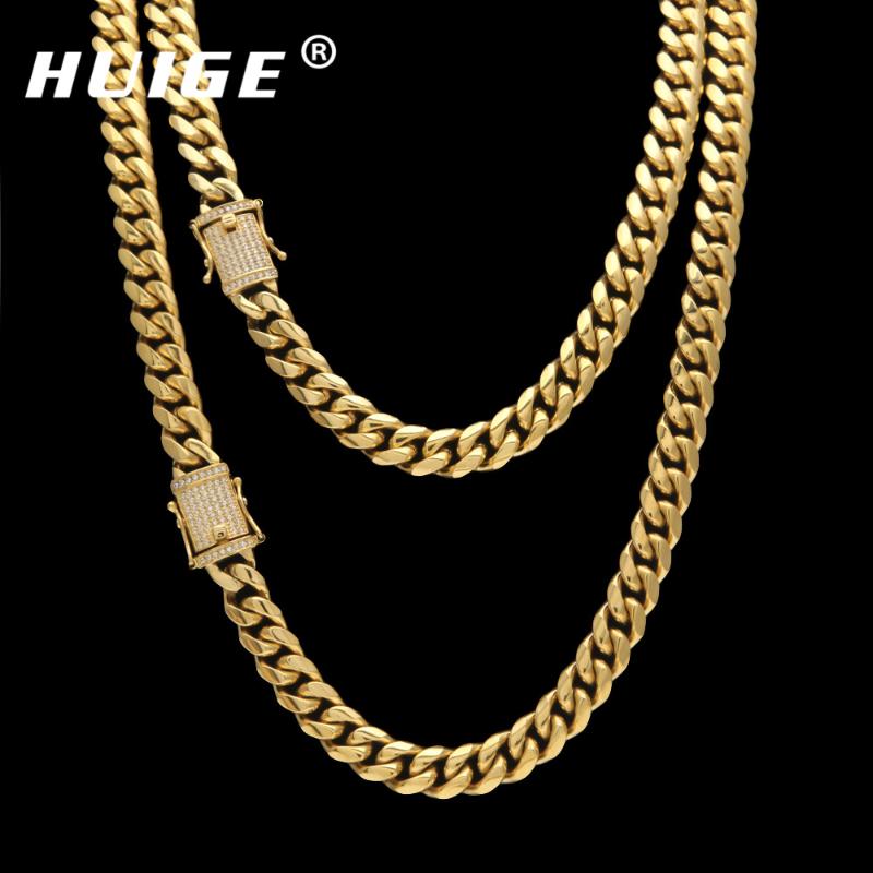 

12mm/14mm Stainless Steel CZ Miami Cuban Chain Hip Hop Men Curb Link Necklace Micro Pave Cubic Zircon Clasp 24inch 30inch