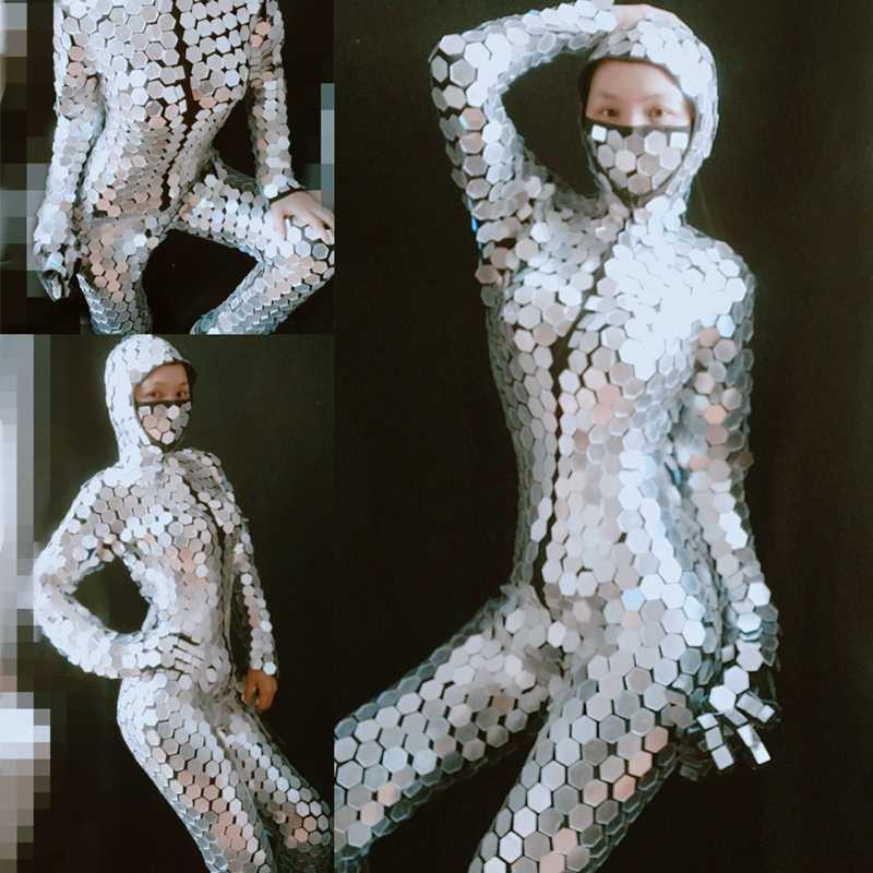 

New Nightclub Stage Costumes Mirror Hooded Jumpsuit Women Men Mirror Performance Clothing Festival Outfit Bar Party Wear DN5108