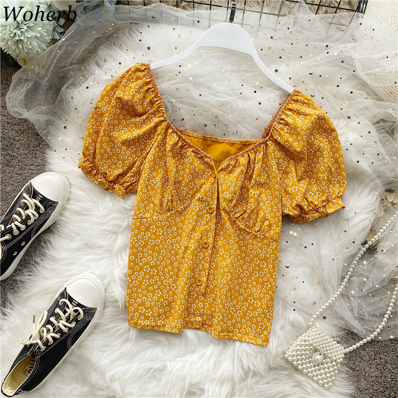 

Woherb Chiffon Women Crop Blouse Sweet V-Neck Puff Sleeve Blusa Summer 2020 Vintage Floral Print Korean Ladies Shirts Sweet Tops, Blue