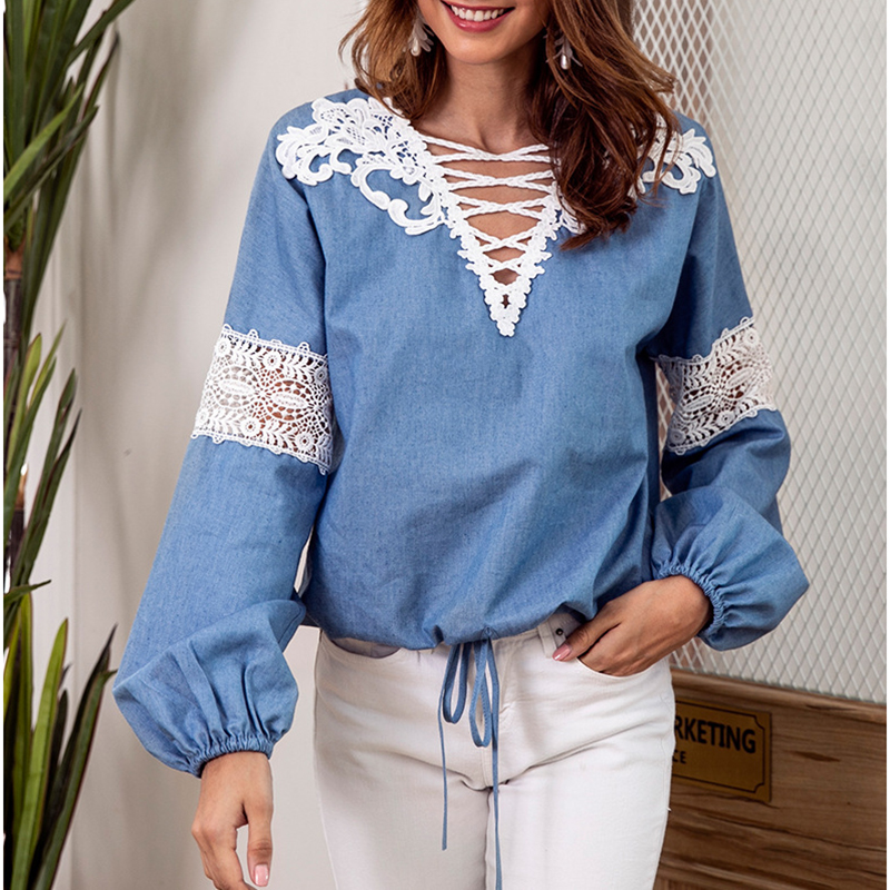 

Autumn Women Floral Lace Blouse Lantern Sleeve Blouses and Shirts Crochet Blusas Casual Female Hollow Out Tops WS9474V, Blue