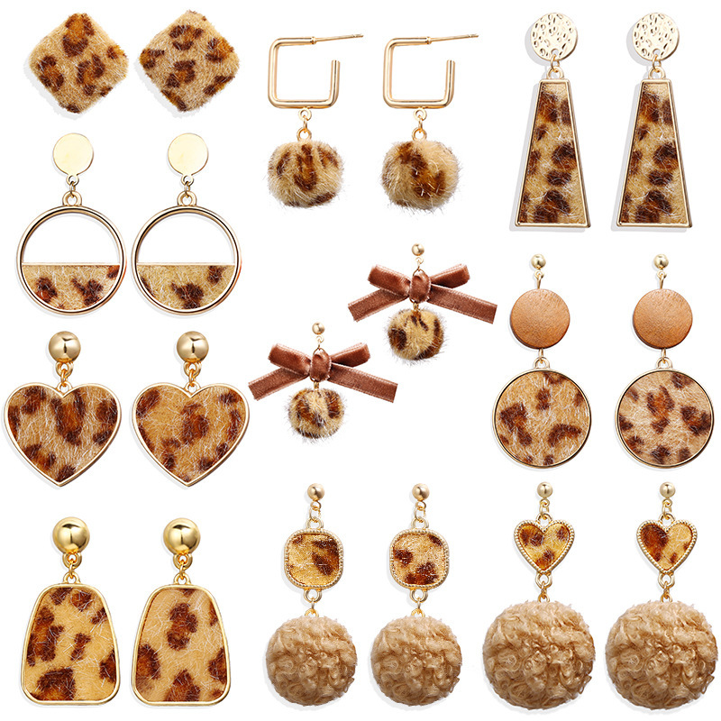 

Khaki Earrings Originality Mink Hair Bulb Leopard Print Ear Nail Bow Eardrop