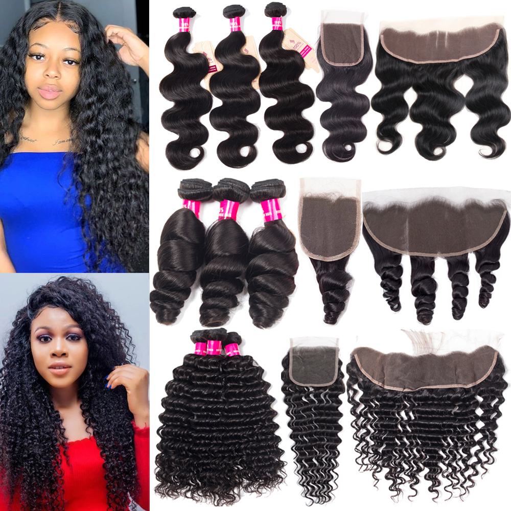 

9A Brazilian Human Hair Bundles With Closure 4X4 Lace Closure Or 13X4 Ear To Ear Lace Frontal Human Hair Bundles With Closure Hair Wefts, Body wave