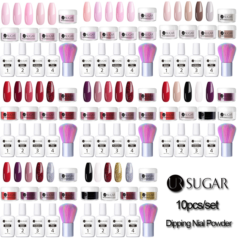 

UR SUGAR 10pcs 5ml Acrylic Dipping Nail Powder Set Slip Solution Set Dip Nail Powder Soak Off Base Top Coat Activator Brush