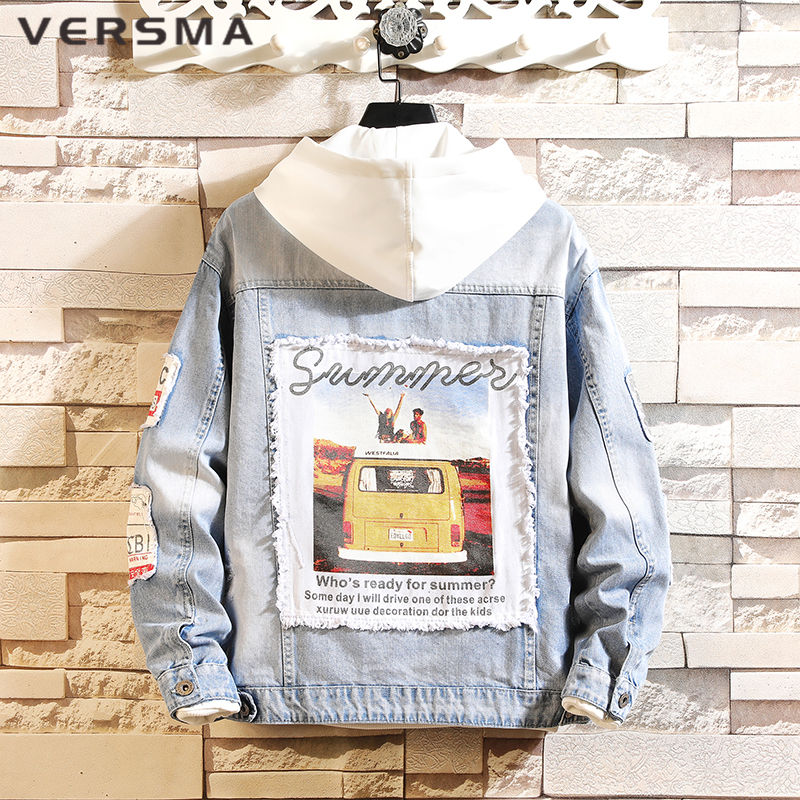 

VERSMA Korean Harajuku Kpop Frayed Print Patchwork Bomber Jeans Jacket Men Hip Hop Streetwear Ripped Denim Coat Men Dropshipping, Light blue