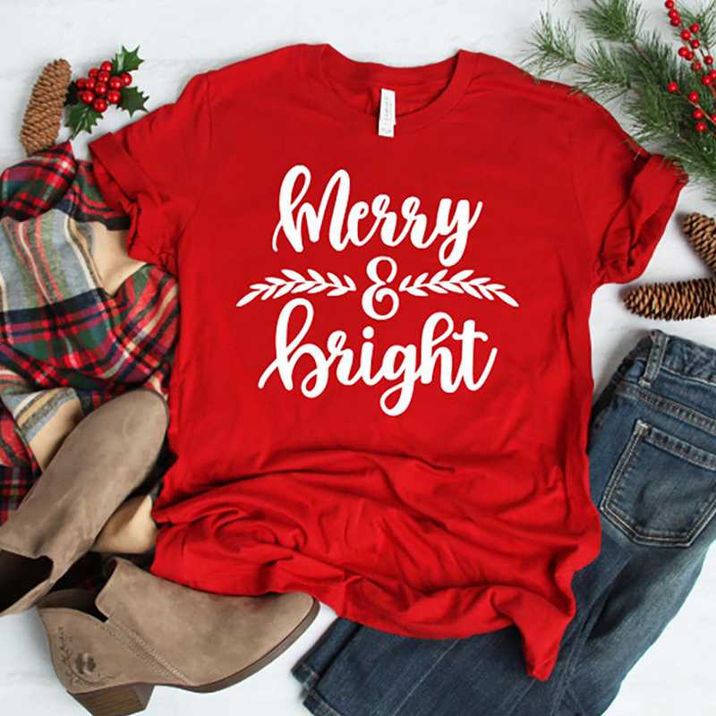 

Merry & Bright Women Tshirt Letter Print Christmas T-shirt Cotton Casual Short Sleeve Shirts Girl Funny Festival Tops Drop Ship, Black