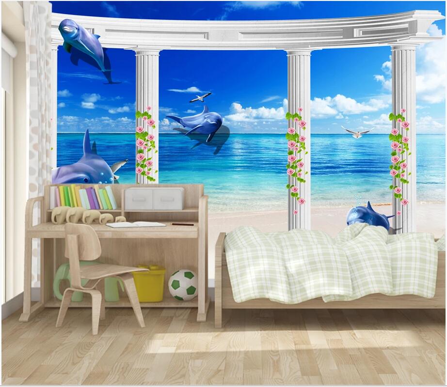 

3D wall covering custom mural wallpaper Underwater world stone pillar sea sky line ocean dolphin background wall home decor wall papers, Black