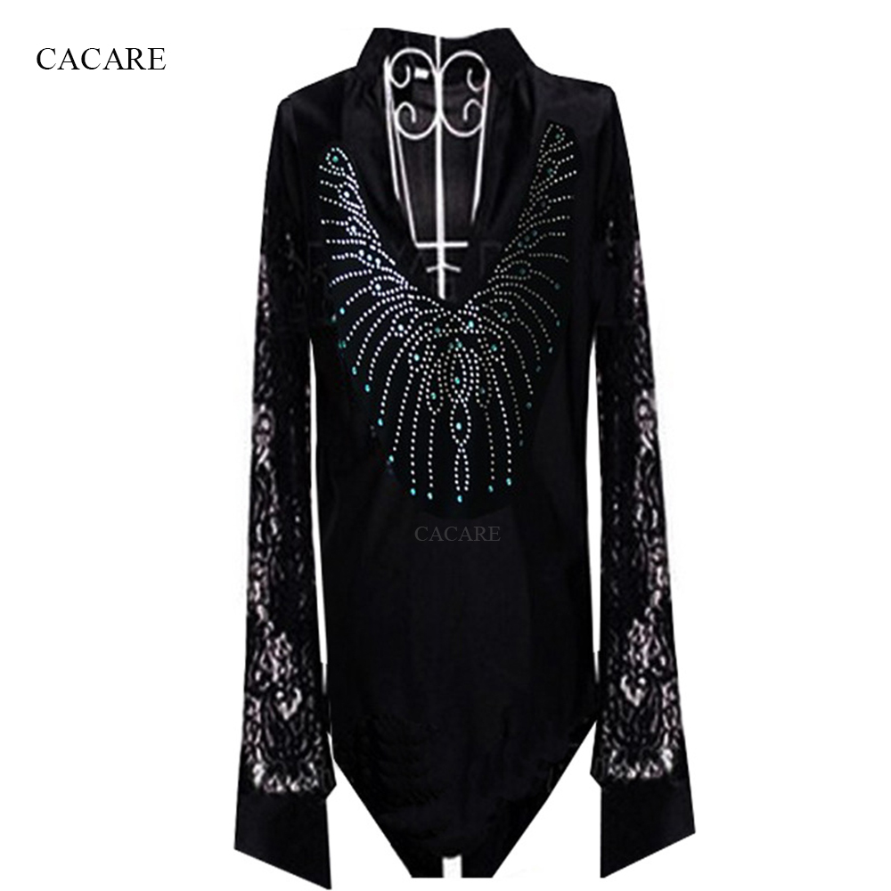

Latin Dance Shirts Men Boys Dance Shirt for Tango Fringe Rhinestones 3 Choices Customized Size D0967 Long Lace Sleeve V Neck, Blue