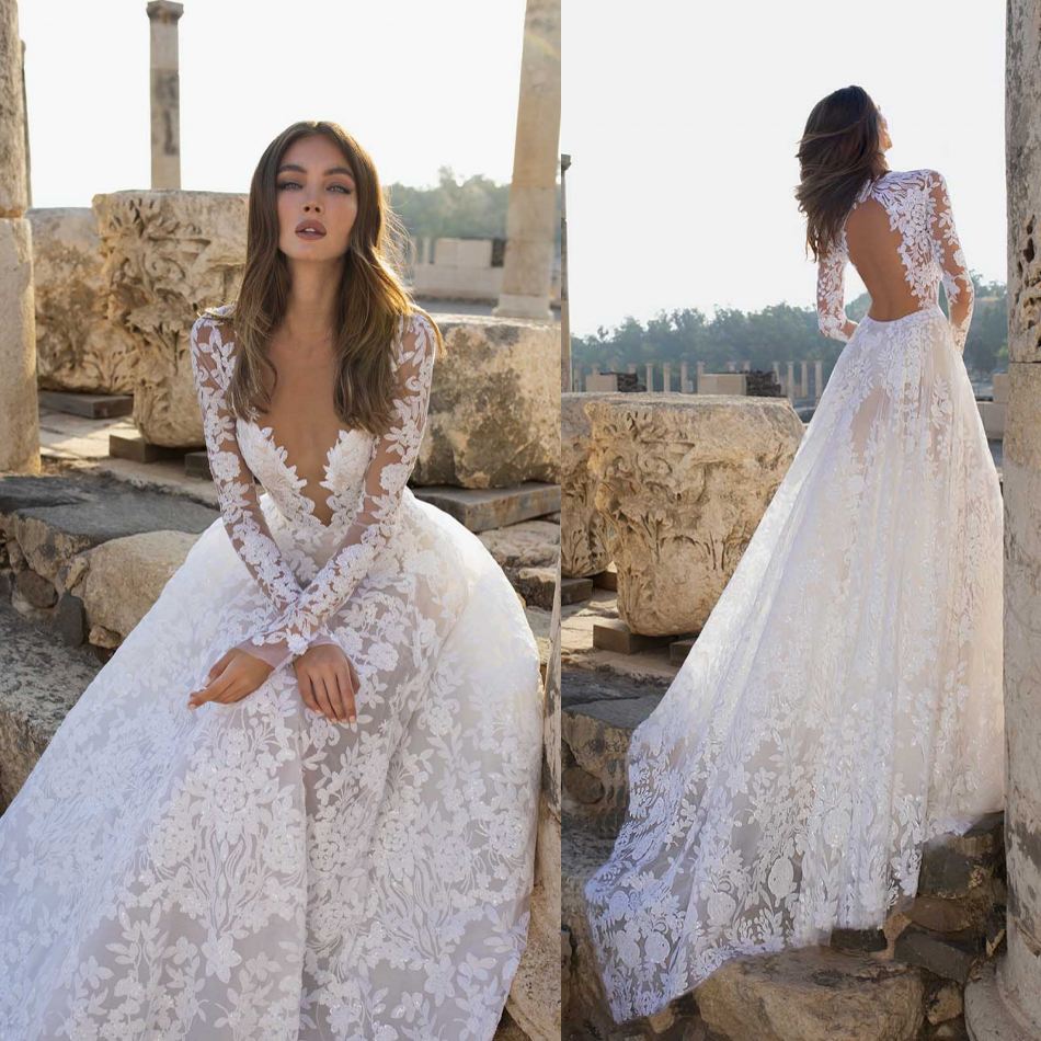

Fashion Wedding Dresses V Neck Long Sleeves Lace Sequin Bridal Gowns Custom Made Backless Sweep Train A-Line Wedding Dress Robe De Mariée, Ivory