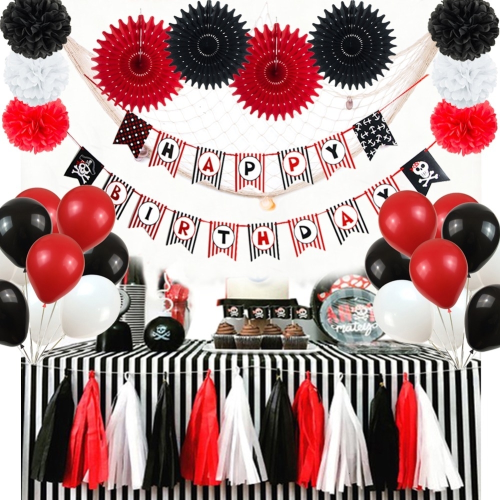 2020 Black Red Pirate Theme Birthday Party Decoration Set Happy