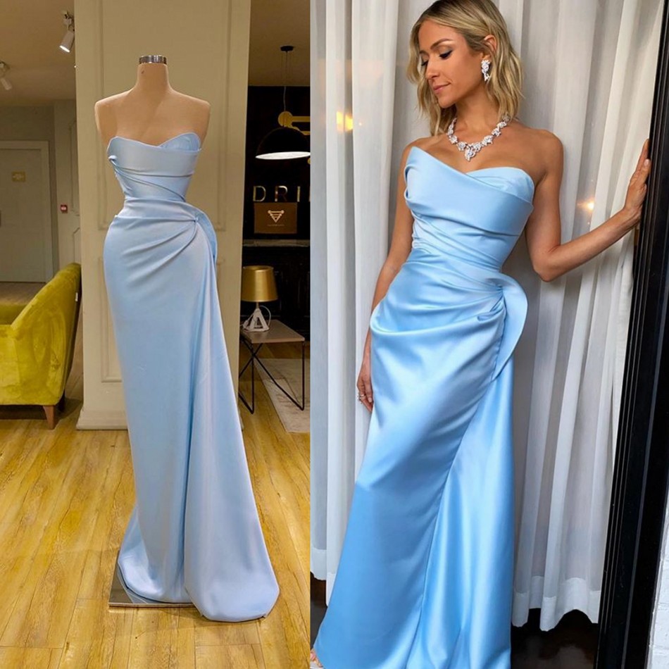 Élégantes longues robes de soirée formelles Sexy sans bretelles sans manches en satin froncé robe de soirée pas cher balayage train sur mesure ro