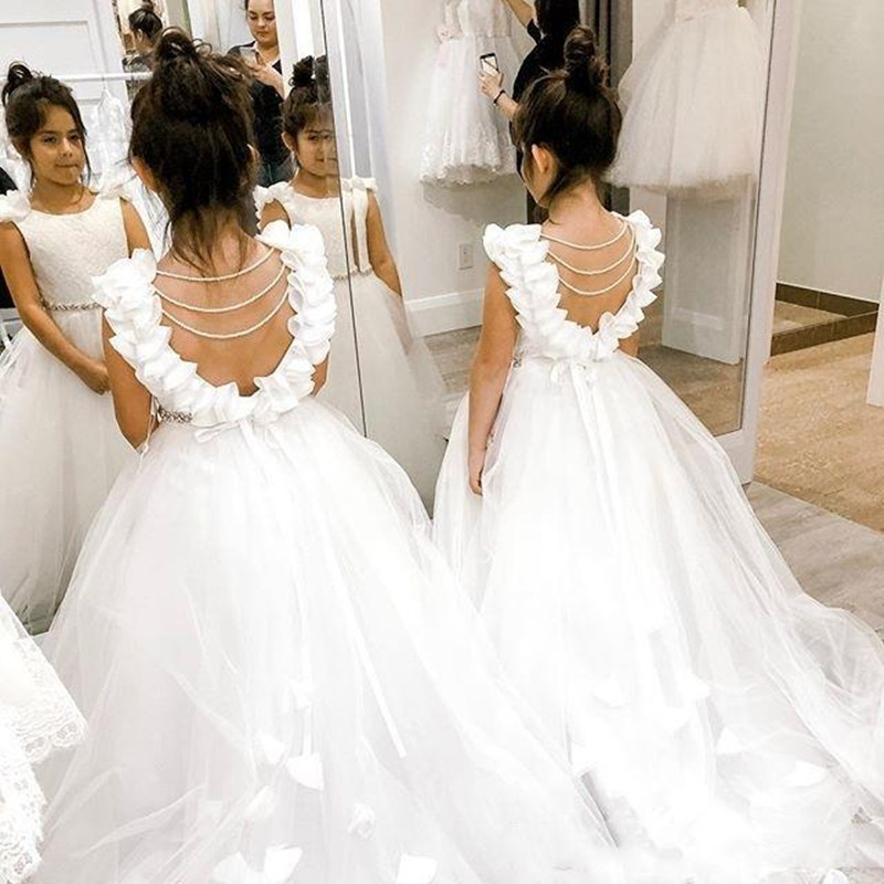 

White Applique Flower Girls Dresses for Wedding With back Flower Floor Length Tulle First Communion Dresses for Girl Wedding