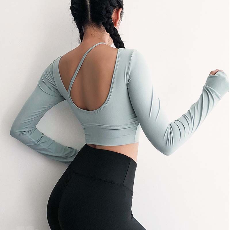 

Women long sleeve Midriff Sexy Sports T-shirt running clothing fitness shirt training yoga Top pad gym top workout, Green