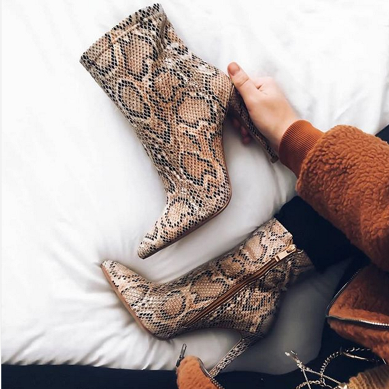 

2019 Winter Women Serpentine High Heel Stiletto Ankle Boots Fall Snake Print Western Cowboy Boots Plus Size Shoe, Brown