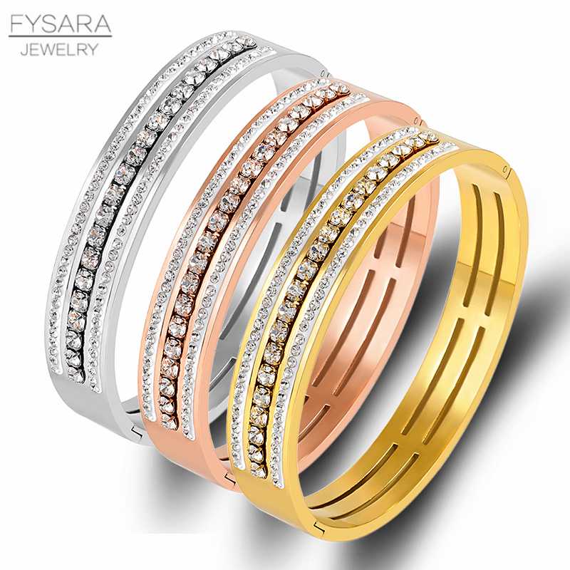 

FYSARA Cubic Zirconia Full CZ Crystals Bangles Bracelets For Women Lady Charm Party Jewelry Rose Gold Silver Wristband Bangle