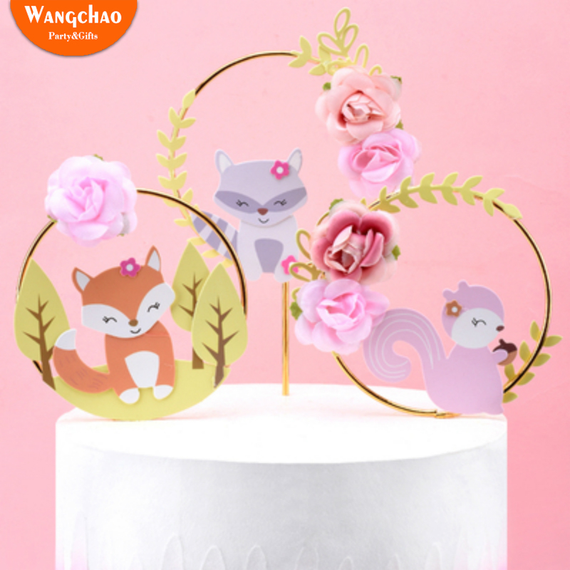 

Creative Forest Animal Theme Cake Topper Squirrel Flower Wreath Garland Cake Decoration Kids Favors Birthday Party Supplies