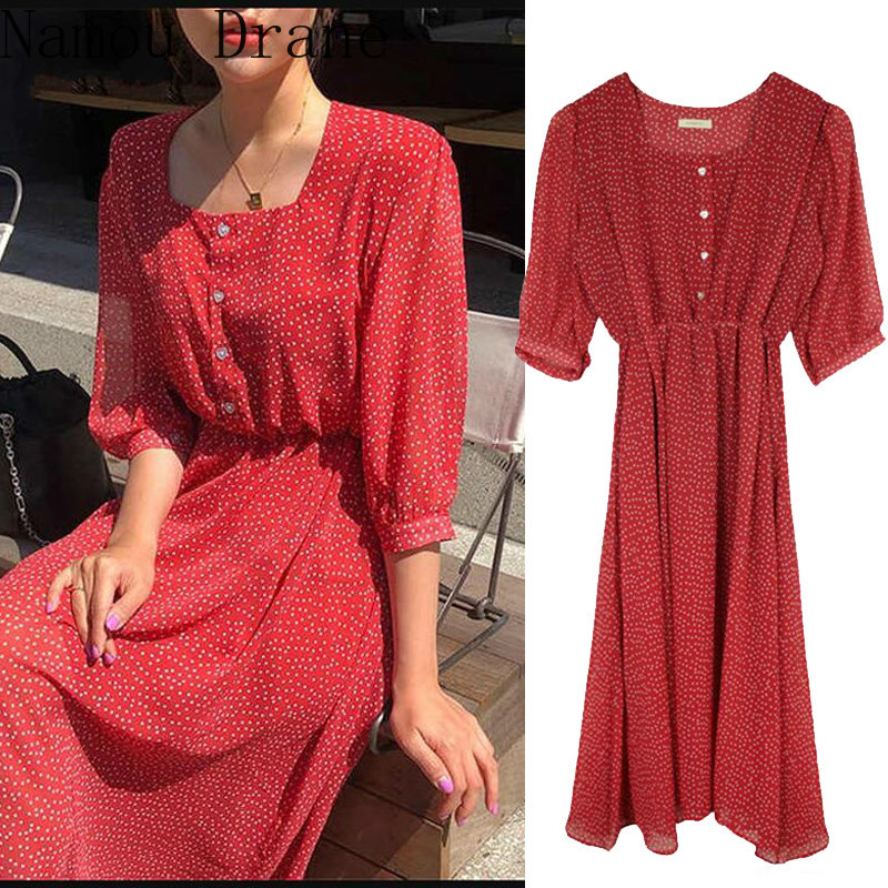 

Red A Line Slim Waist Korean Style Design Clothes Half Sleeve Polka Dot Button Shirt DressWomen Summer Dresses Vintage