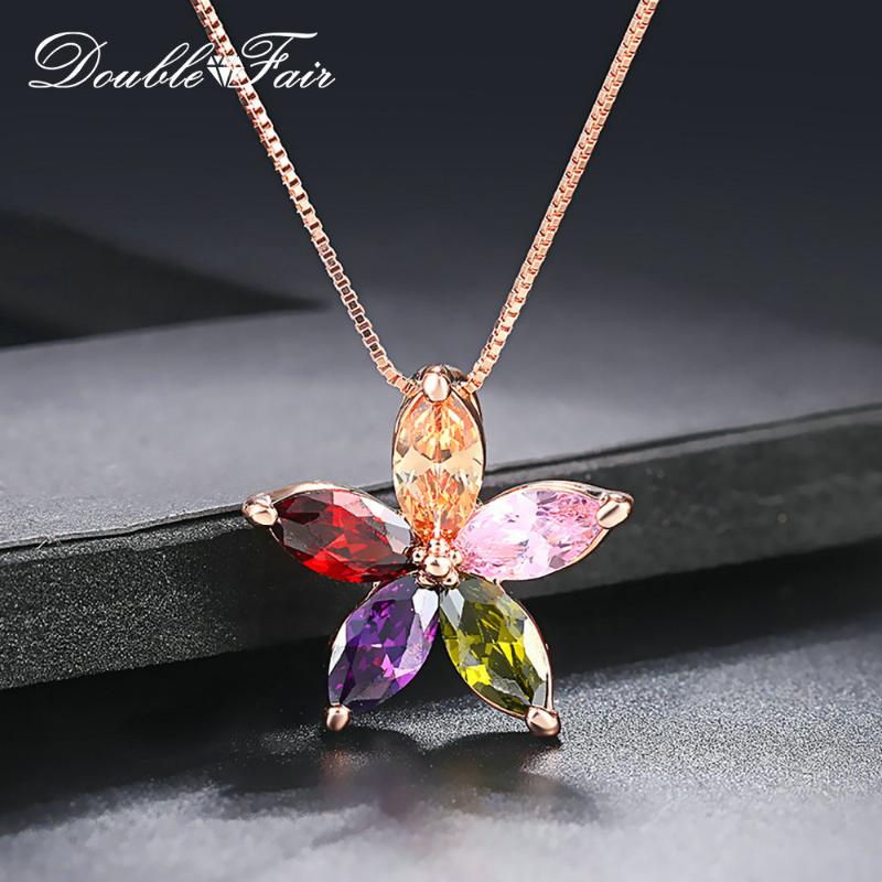 

Double Fair Flower Petal Pendant Necklace For Women Creative Multicolor Crystal Jewelry Necklace Clothes Accessories DFN406