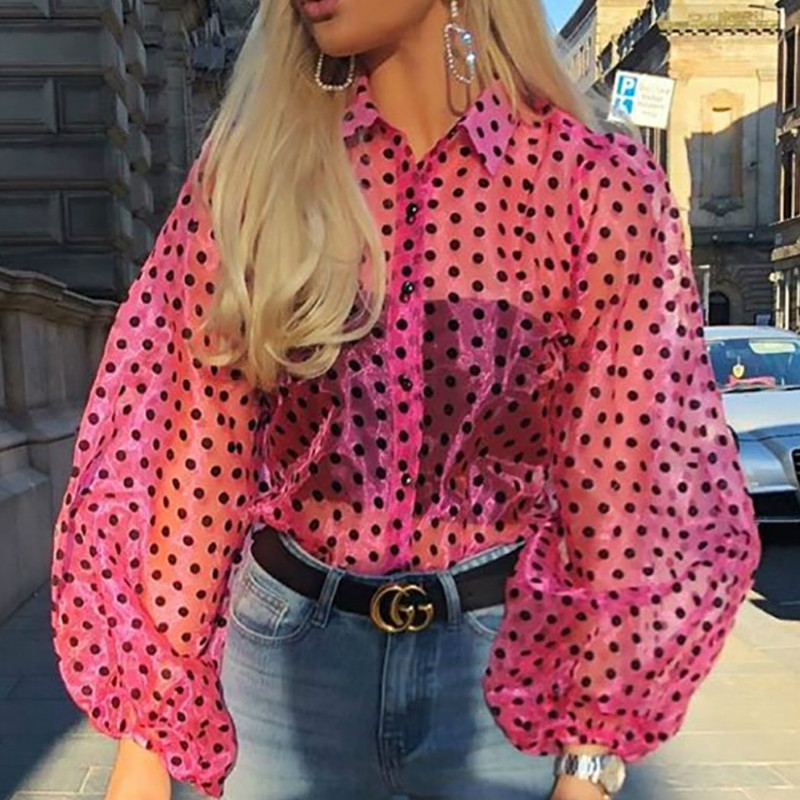 

Women Fashion Mesh Sheer See-through Blouse Puff Long Sleeve High Street Shirt 2019 New Arrivals, Black
