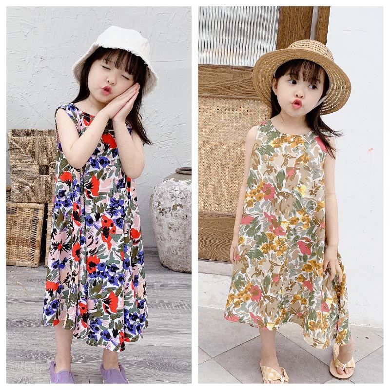 

2020 Children Clothing Summer New Girls Sleeveless Cotton Long Length Causal Princess Floral Dresses Toddler Kids Fashion Dress, Red blue