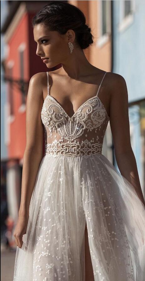 

Gali Karten Beach Wedding Dresses 2019 Side Split Spaghetti Illusion Tulle Boho Wedding Gowns Sweep Train Pearls Backless Bohemian Bride, Dark green