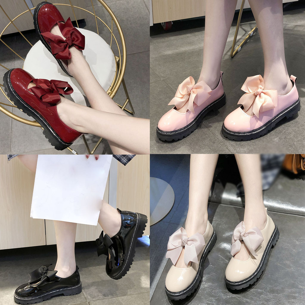 

Women's Fashion Bow Round Toe Leather Shoes Solid Slip-On Lather Shoes Student Shoes Solid Color Low Heel Height, Beige