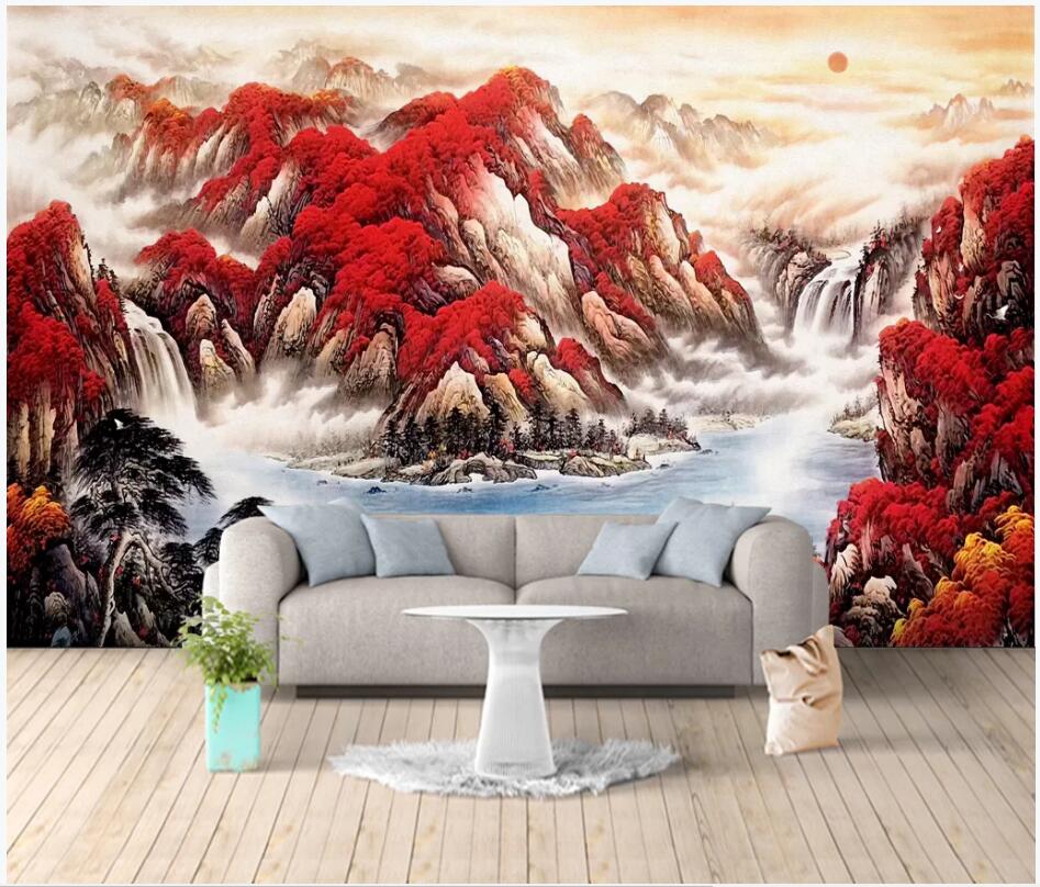 

WDBH 3d wallpaper custom photo Chinese style oil painting red mountain river living room Home decor 3d wall murals wallpaper for walls 3 d, Non-woven wallpaper