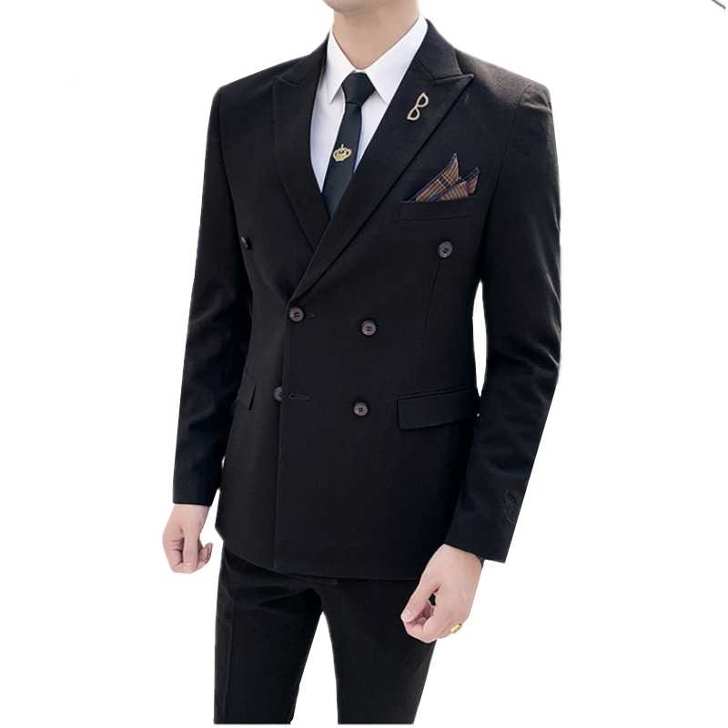 

Pure Color Men's Formal Suits Classic Double-breasted Men Wedding Suit Size S-4XL Slim Fit Male Business Blazer Jacket and Pants, Blue