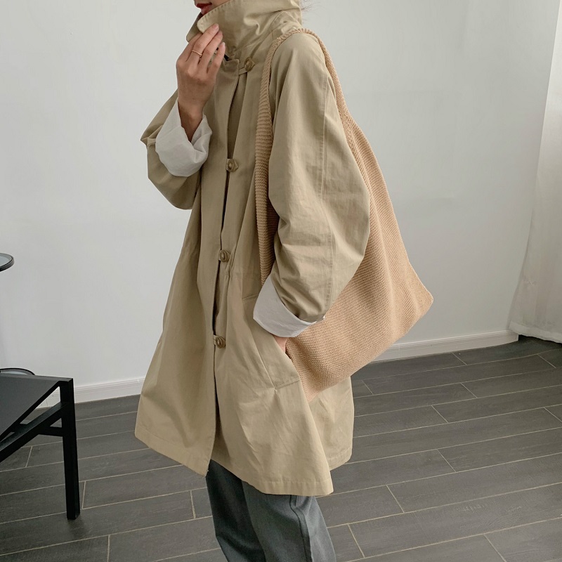 

Stylish Chic Oversized Single Breasted Long Jacket Women Fashion Lapel Collar Loose Cotton Coat Casual Girls Streetwear, Khaki