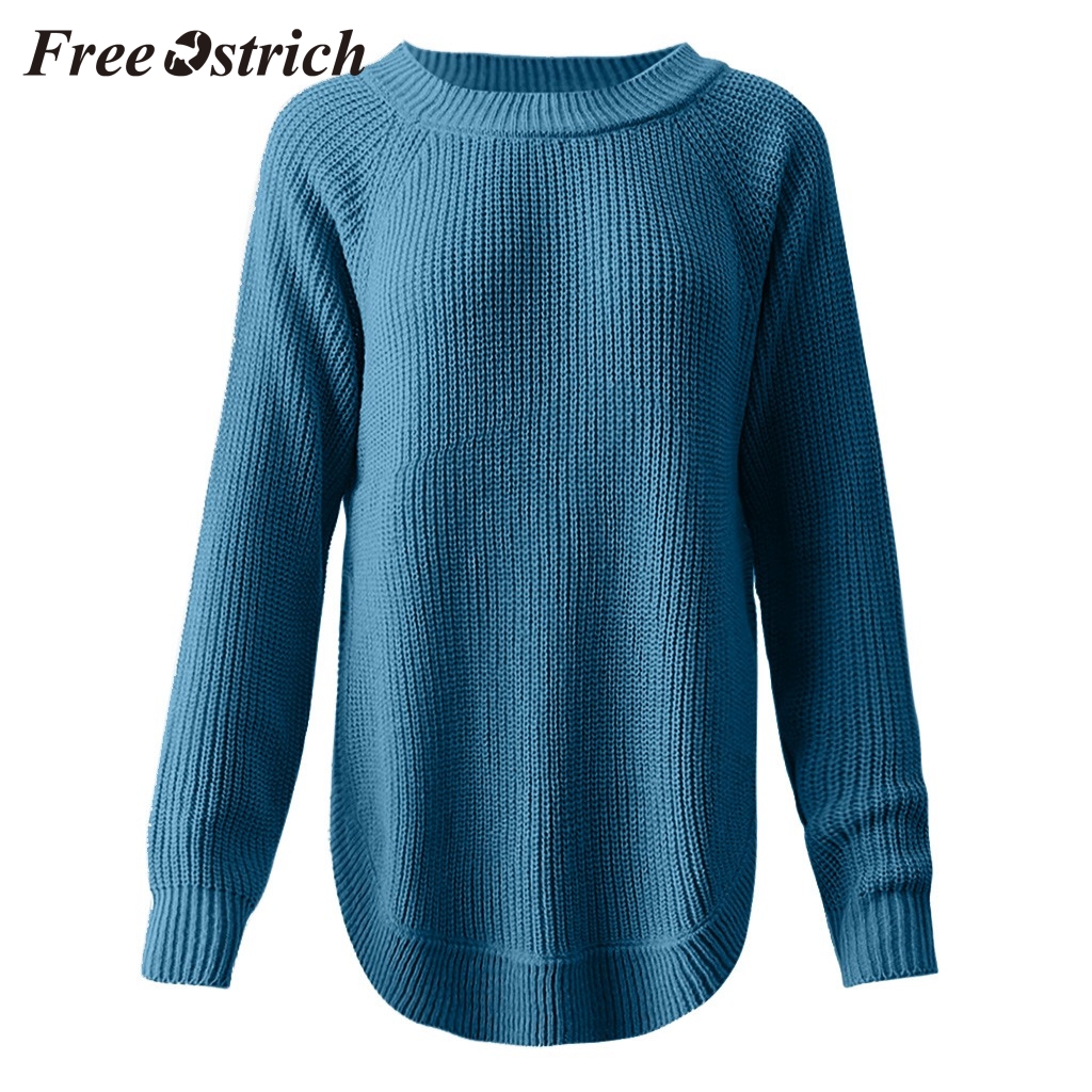 

FREE OSTRICH Women' fashion round neck solid color pullover long sleeve loose personality knitted sweater hem slit sweater 2019, Black