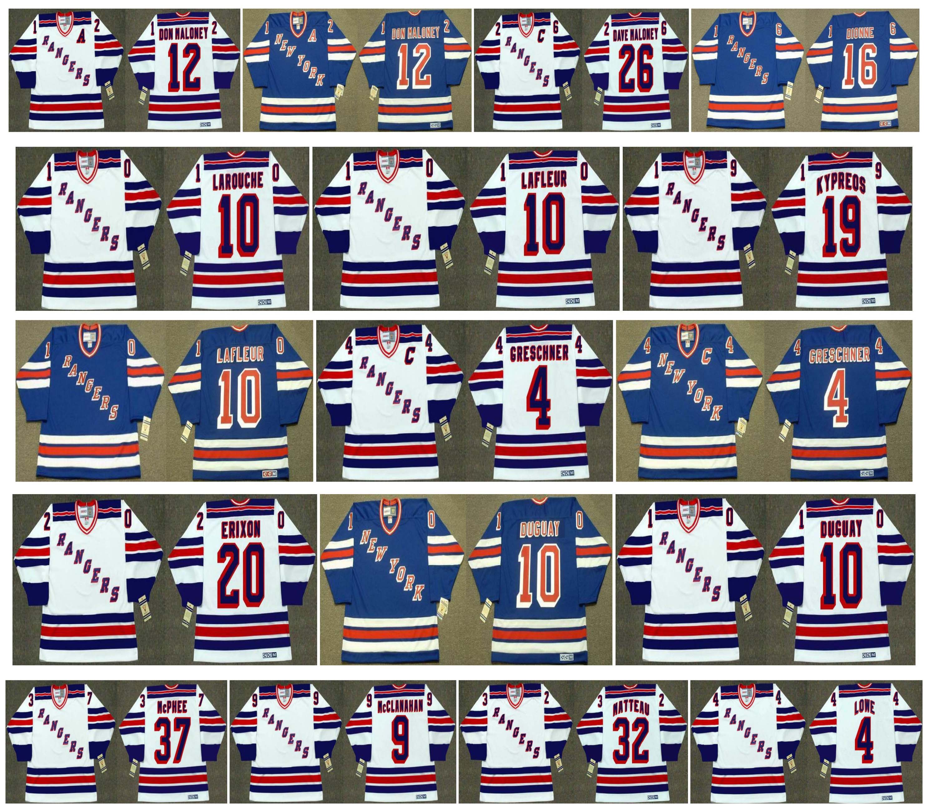 

Vintage New York Rangers Jersey 26 DAVE MALONEY 16 Marcel Dionne 37 GEORGE McPHEE 9 ROB McCLANAHAN 32 STEPHANE MATTEAU 4 Kevin Lowe Hockey, As pic