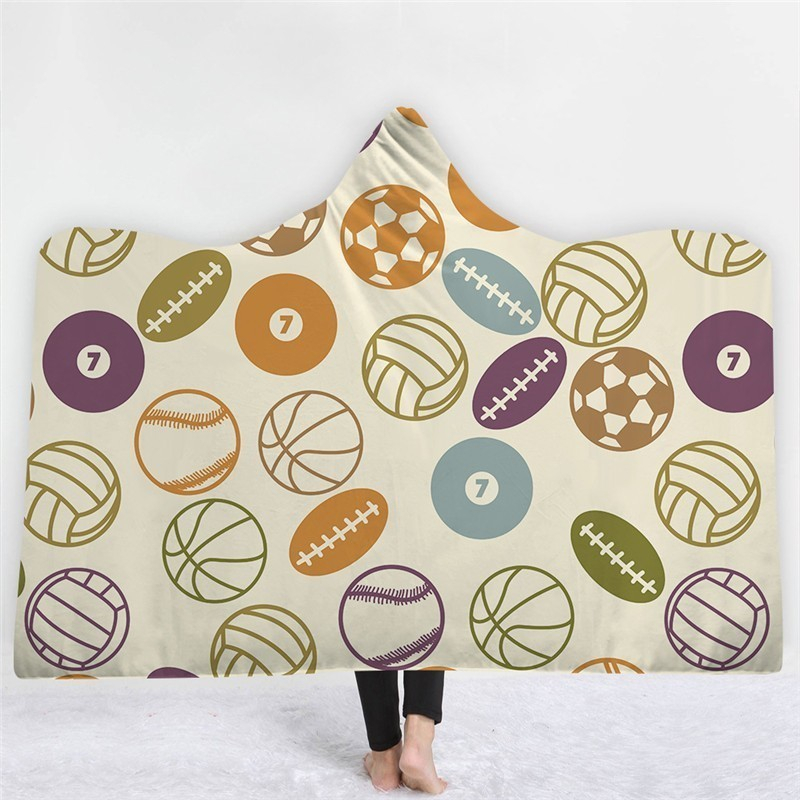 

Lovely Ball Print Hooded Blanket For Adult Fleece Wearable Throw Blanket Microfiber Bedding 130x150cm / 150cmx200cm