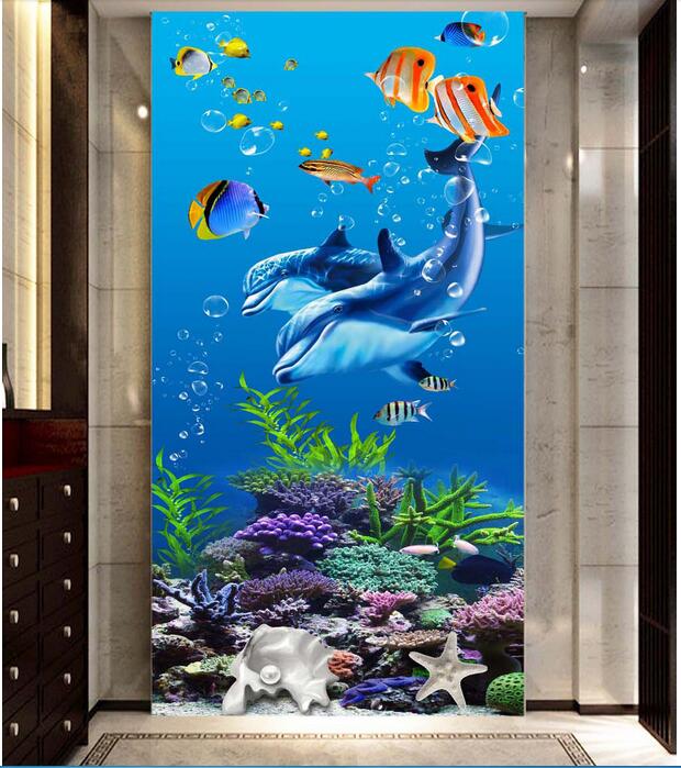 

WDBH 3d wallpaper custom photo Ocean World Dolphin Coral Fish porch background home decor 3d wall muals wallpaper for walls 3 d, Non-woven