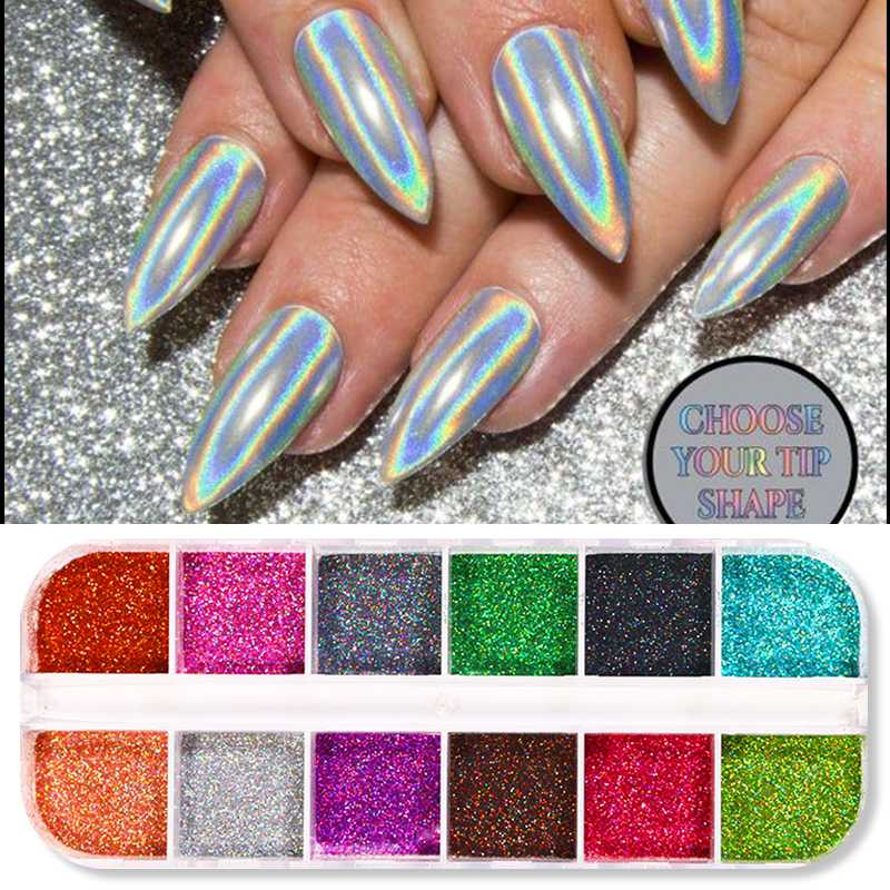 

12 Grids Holographics Nail Powder Chrome Dipping Shimmer Bling Colorful Pigment Glitter Nail Art Powder for Art Decoration