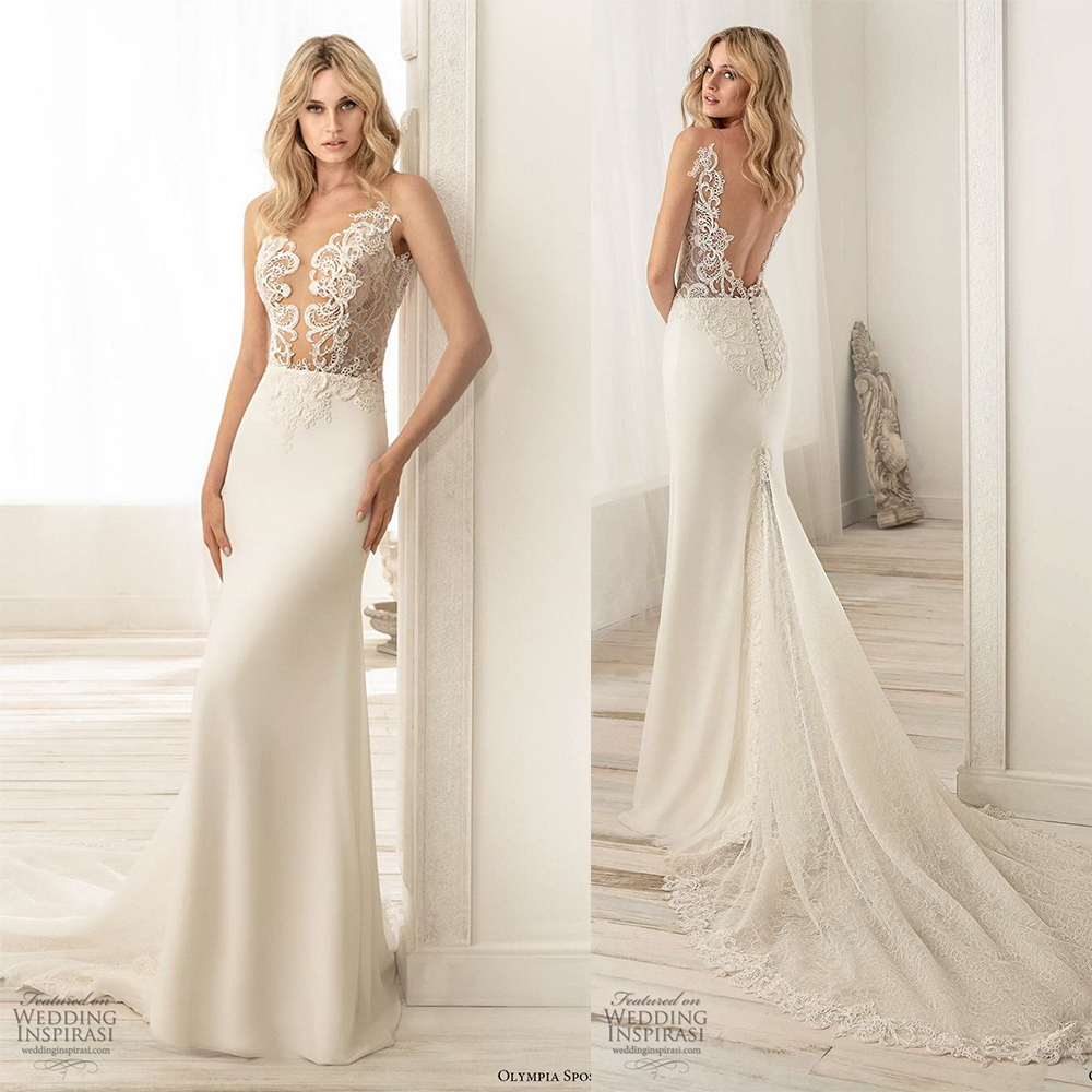 

Hot Sell Mermaid Wedding Dresses Spaghetti Sleeveless Satin Lace Applique Wedding Gown Sweep Train Custom robe de mariée, Ivory