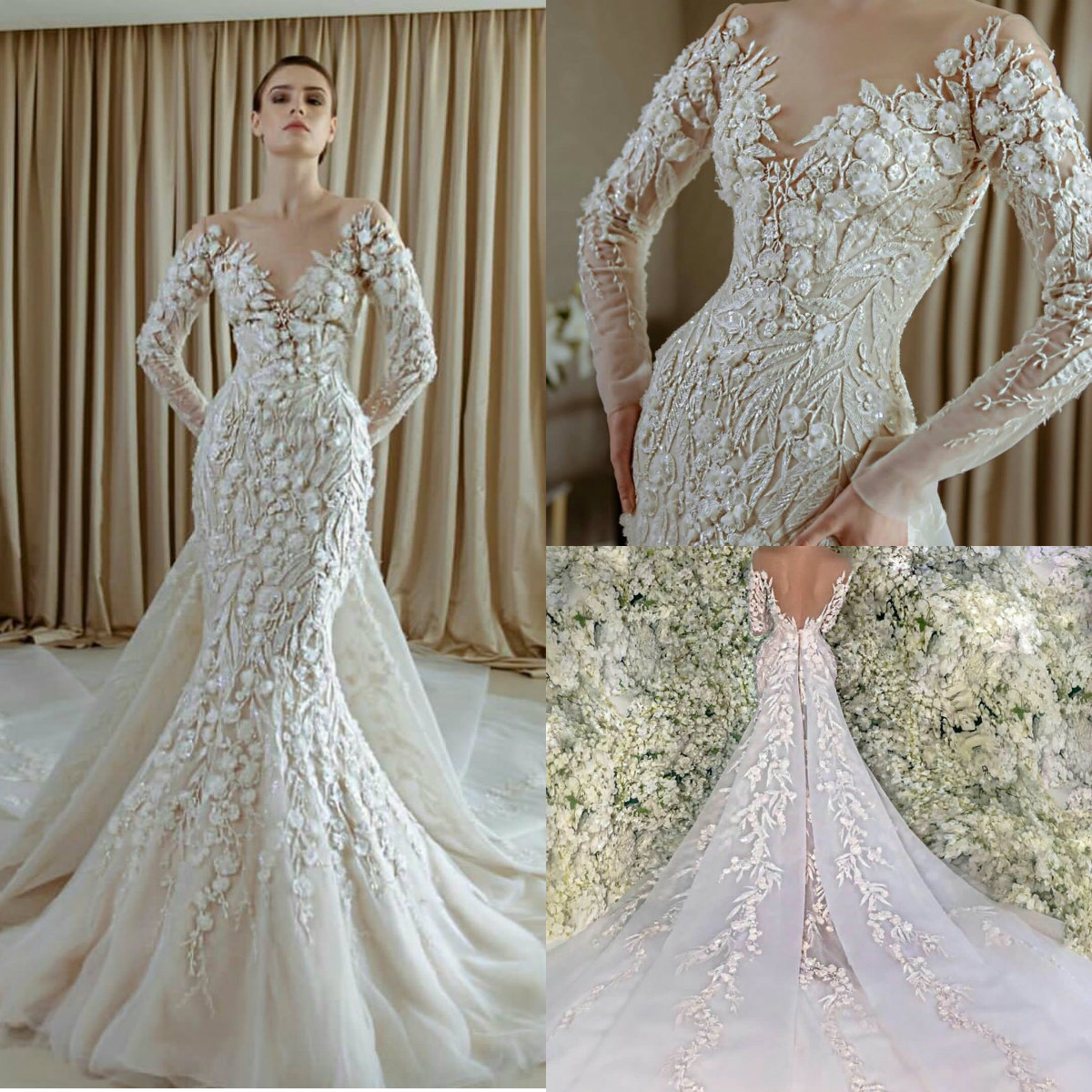 3D Flower Appliques Mermaid Wedding Dresses Sheer Neck Lace Long Sleeve Bridal Gowns Plus Size Saudi Arabic Pearls Beads Wedding Gowns