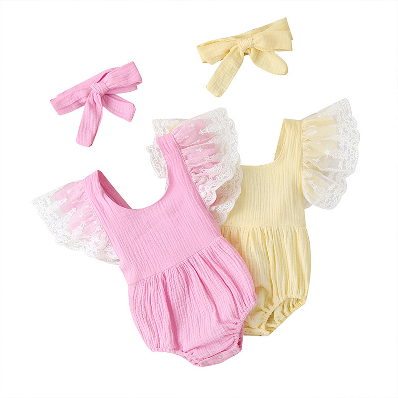 

Summer Baby Girls Romper + Headband Pink Yellow Solid Color Infant Rompers Fashion Newborn Clothes