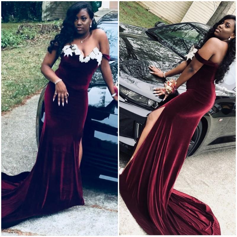 

Plus Size Burgundy Prom Dresses Long Off Shoulder White Appliques Velvet Evening Gowns With Side Split Vestidos De Fiesta, Daffodil