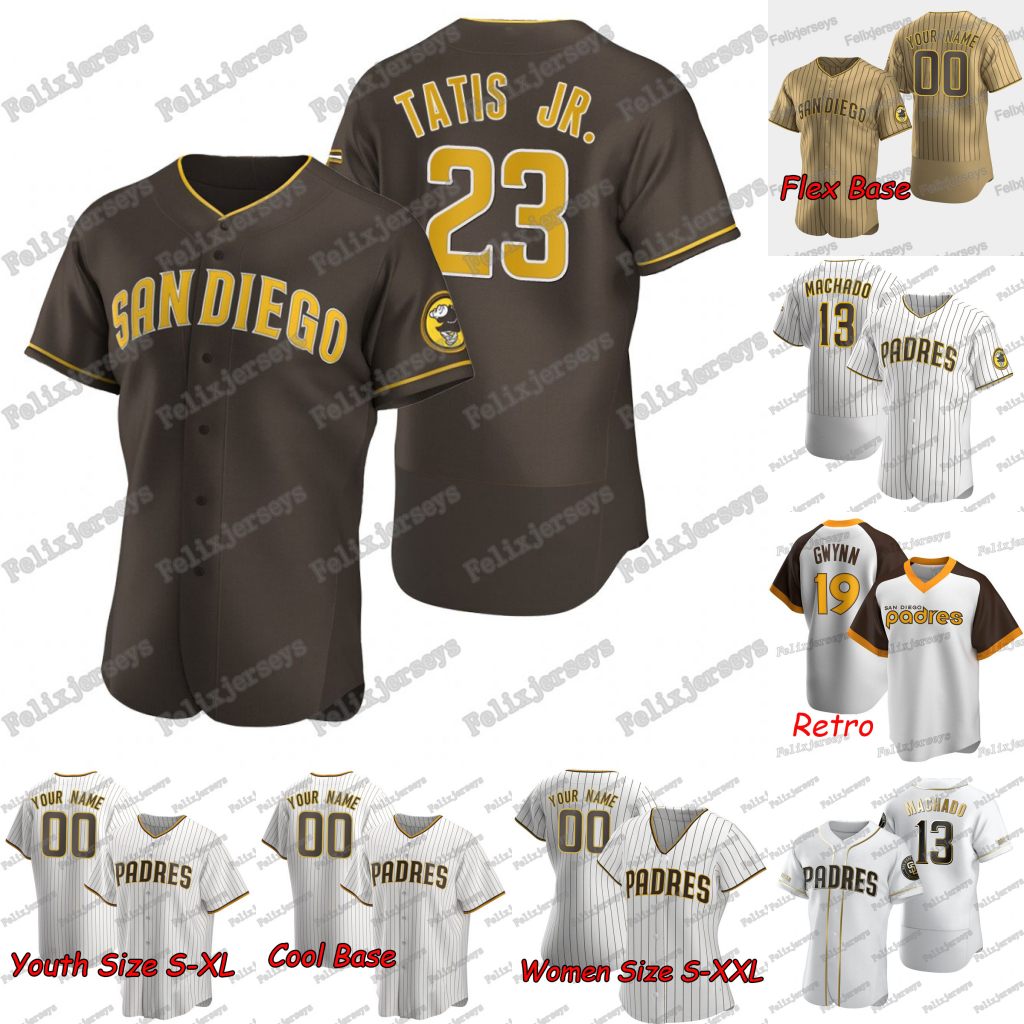 

2020 New 23 Fernando Tatis Jr. 13 Manny Machado 59 Chris Paddack Wil Myers Francisco Mejia Manuel Margot Hunter Renfroe Joey Lucchesi Jersey, Flexbase brown