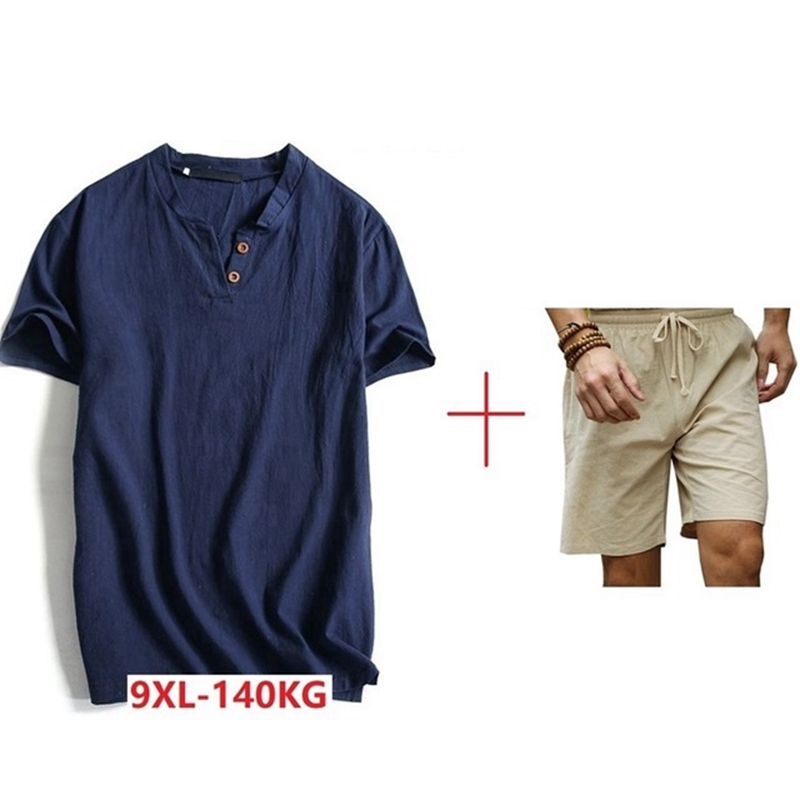 

big size 7XL 8XL 9XL men Chinese style t-shirts and shorts vintage tshirt short sleeve man summer cotton V-neck tees tops button, Black