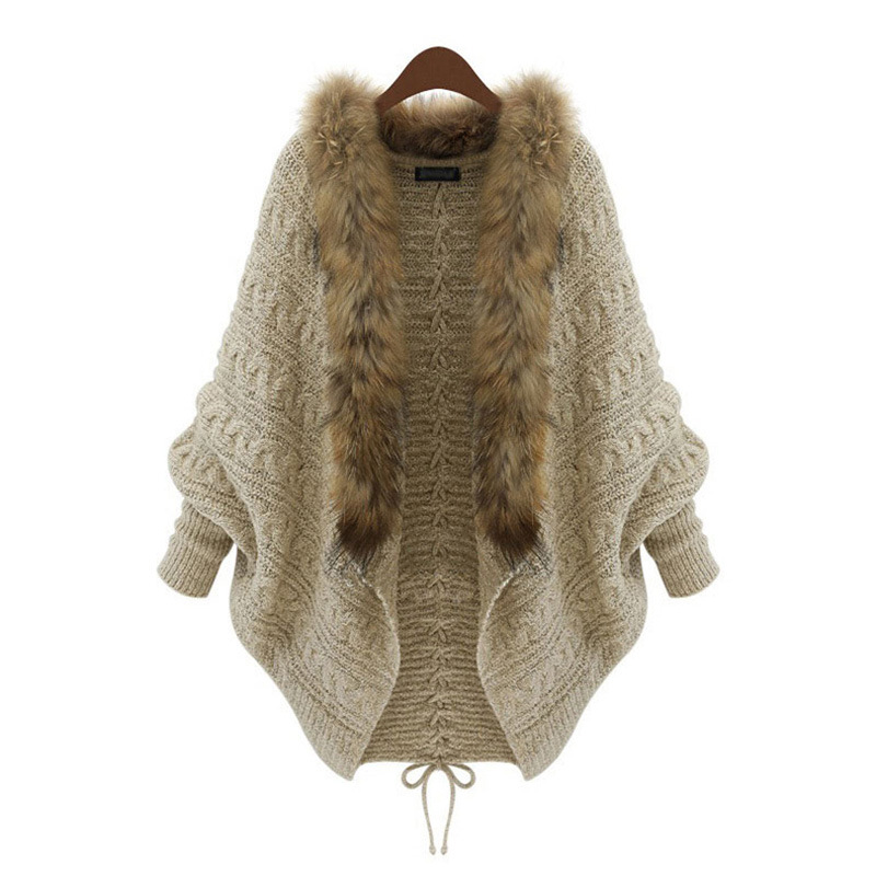 

Winter Women Cardigan Loose Sweater Faux Fur Collar Batwing Sleeve Knit Cardigan Jacket Coats Casual Sweaters Asian  Size, Khaki