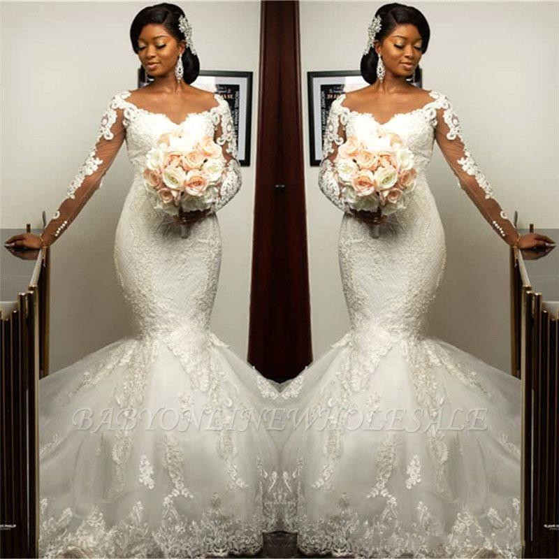 

Illusion Long Sleeve Mermaid Wedding Dresses 2020 Vestido De Novia Jewel Neck Lace Applique Trumpet African Bridal Wedding Gown, White