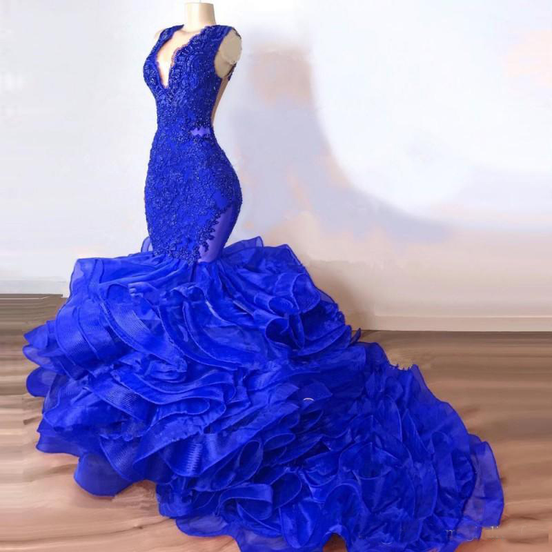 

African Royal Blue Mermaid Prom Dresses Long Ruched Organza Deep V Neck Appliques Beads Evening Party Dress Long Dresses Evening Wear, Yellow