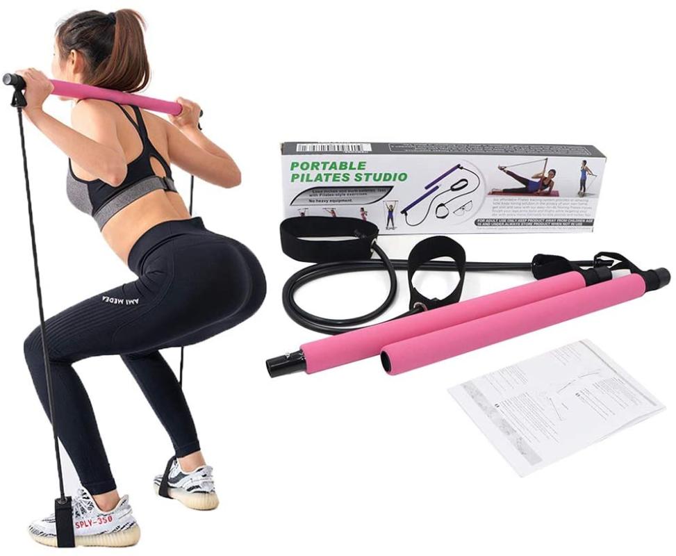 

Pilates Bar Kit Resistance Band Yoga Pilates Stick Yoga Exercise Bar Foot Loop for Stretch Sculpt Twisting Sit-Up, Pink