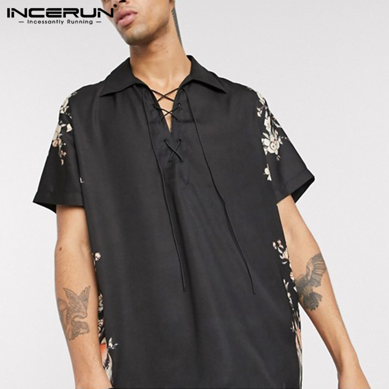 

Summer Vintage Printed Men Shirt Lace Up 2020 Streetwear Short Sleeve Blouse Casual Lapel Camisa Masculina Breathable INCERUN, Black