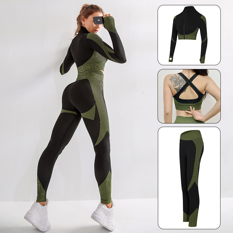 

Seamless Yoga Set 3 Piece Female Sport Gym Clothes Women Yoga Pants Sports Bra Full Zip Crop Long Sleeve Workout Clothing, Black