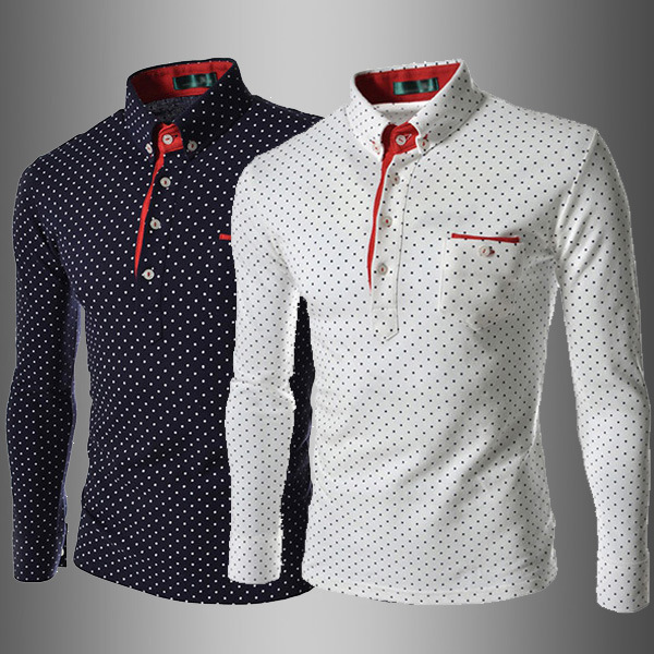 Mens Polka Dot Print Polos Spring Autumn Designer Lapel Neck Long Sleeve Polo Shirt Male Button Henley Neck Casual Slim Fit Clothes