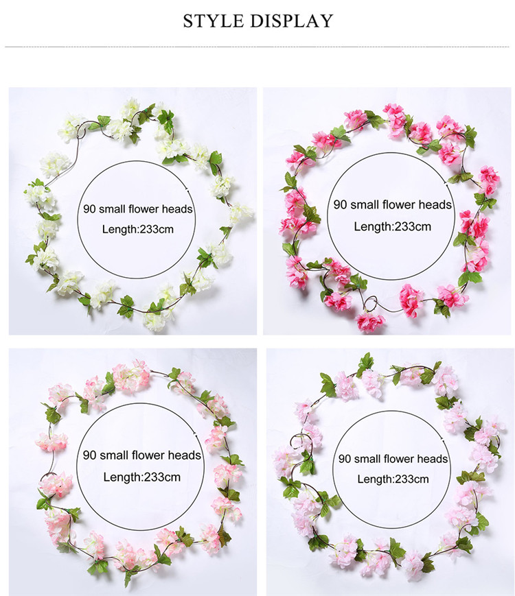 

230cm Silk Sakura Cherry Blossom Vine Lvy Wedding Arch Decoration Layout Home Party Rattan Wall Hanging Garland Wreath Slingers A37, Customize