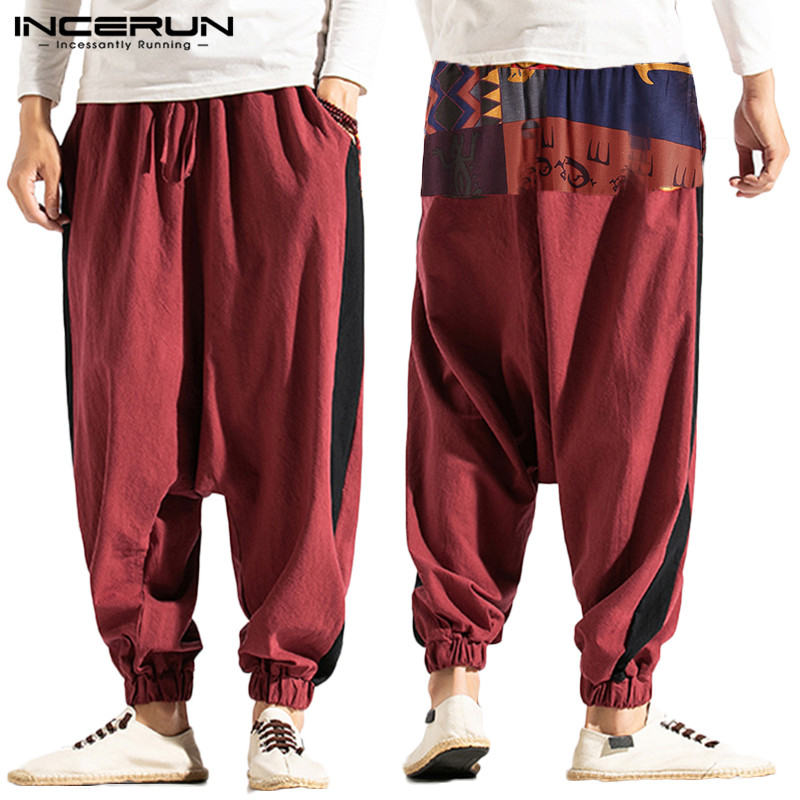 

Men Harem Pants Joggers Printed Patchwork Cotton Linen Baggy Drop-crotch Pants Men 2020 Casual Streetwear Trousers -5XL INCERUN, Black pants