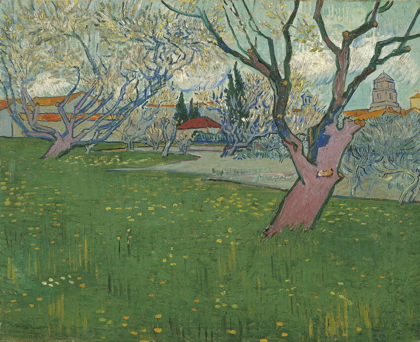 

Vincent Van Gogh Bloeiende boomgaarden gezicht op Wall Art Decor Handpainted & HD Print Oil Painting On Canvas Wall Art Pictures 190917